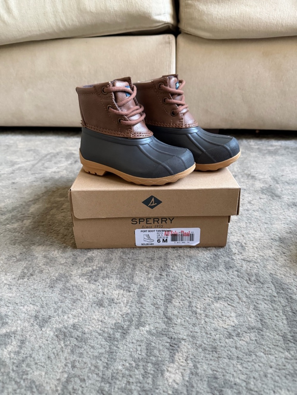 Sperry Kids Brown Leather & Black Rubber Duck Boots with Tan Sole